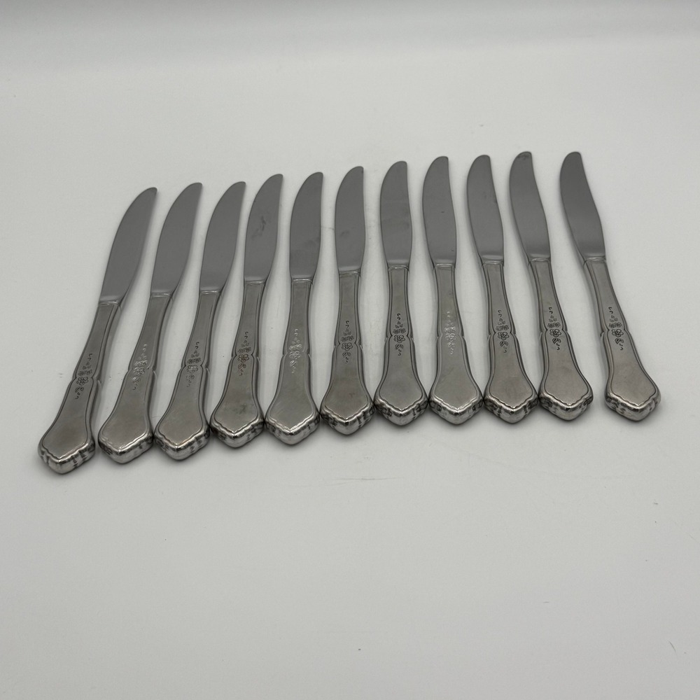 Vintage Stainless Steel Floral Dinner Knives Set of 11 Silverware Flatware 9in